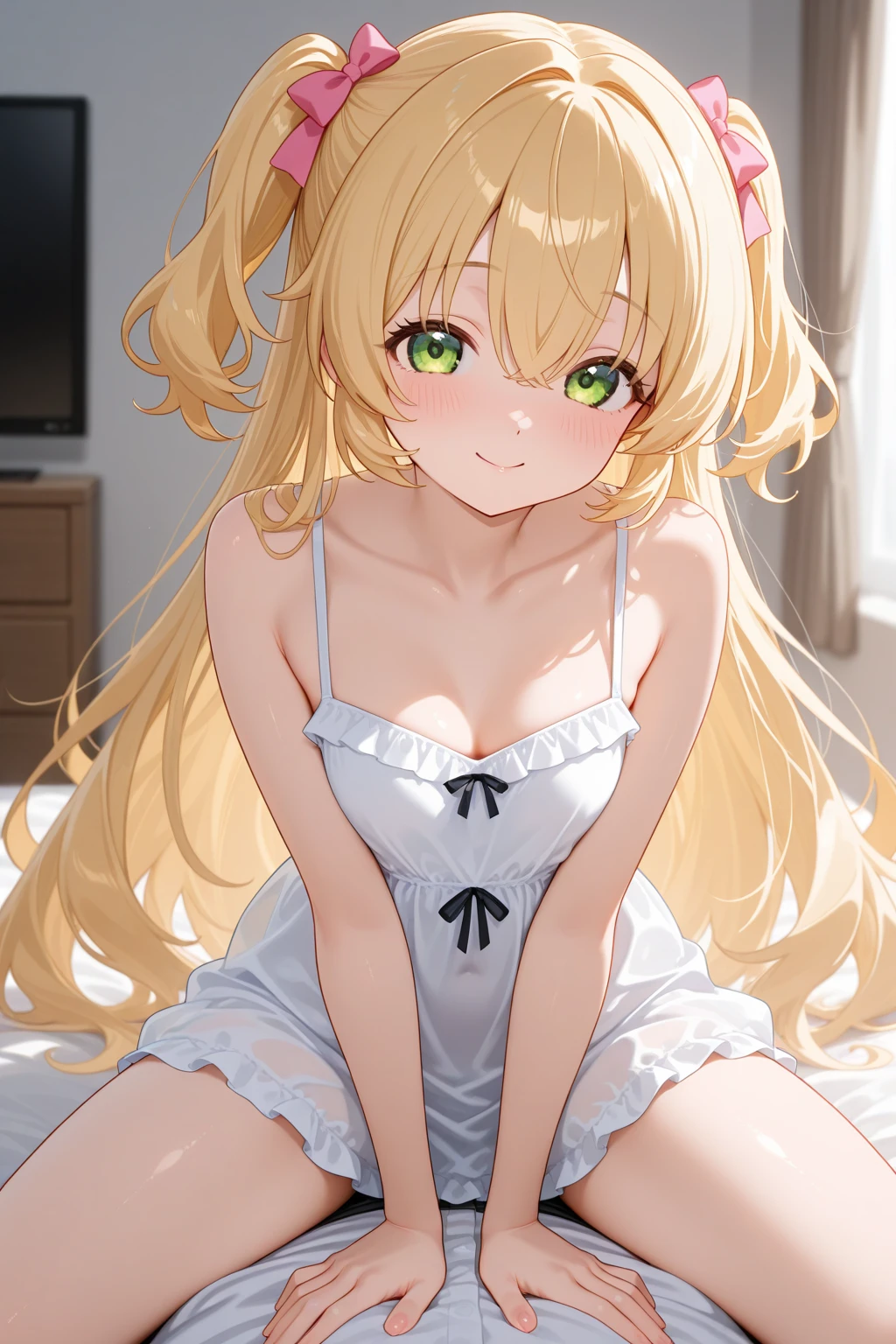 hair is shoulder length、beige hair、Bangs are slanted、gentle smile、white rabbit ears、ears are hidden in the hair,、green eyes、fair skin、cute adult woman、pajamas、one person、on the bed、big breasts