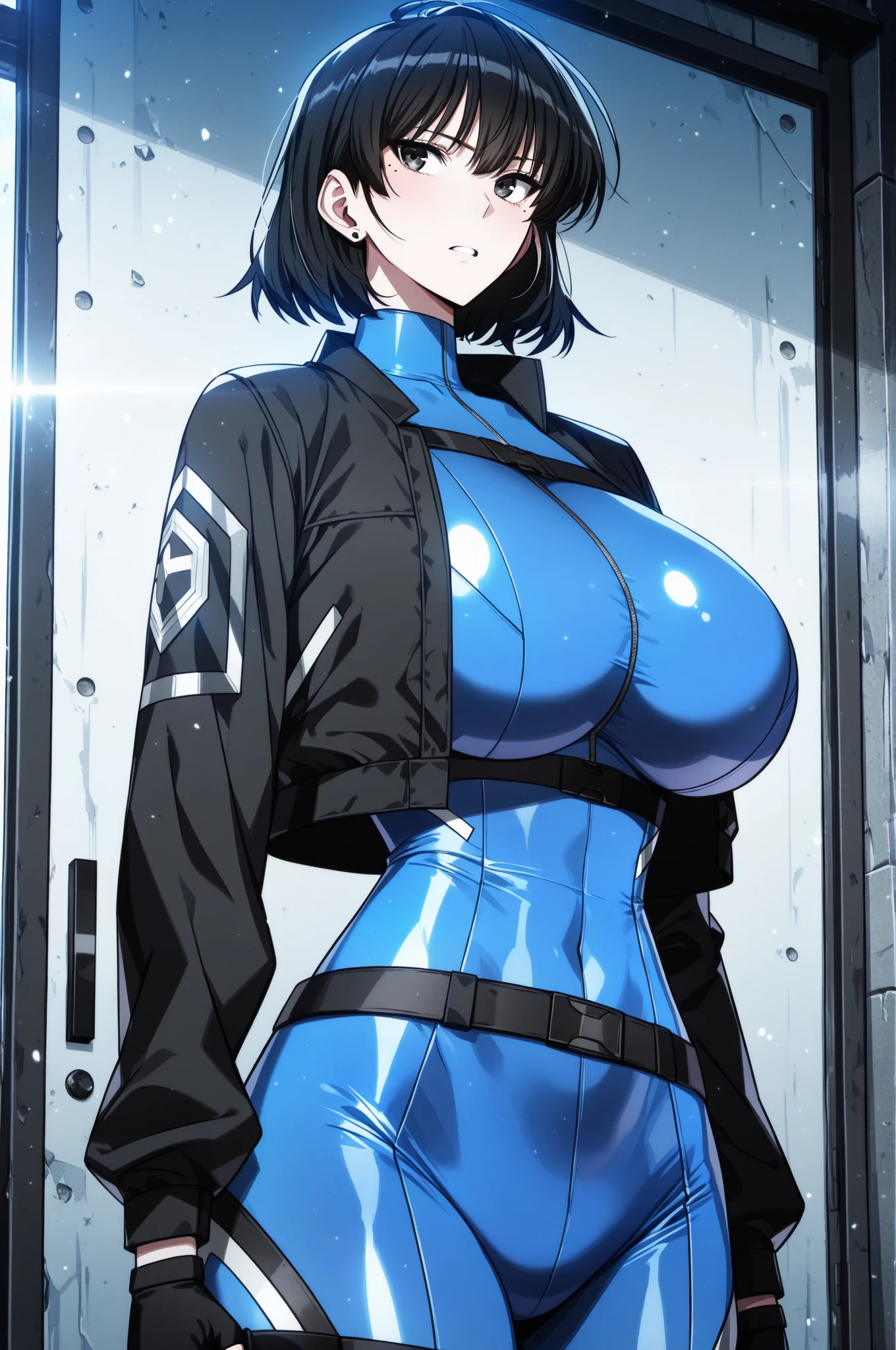 (perfect body),highest quality,(8K portrait),(official art)、(((muscular)))、(police hat)、embarrassing、(:d)、one eye closed、V-shaped eyebrows、show teeth、(((blush))),(Sweat),((((big breasts))))、((big ass))、(dark hair),((bob cut)), blush,short hair, (yellow eyes),(((thick thighs)))、navy blue jacket、(((navy blue leotard)))、(((Right-handed salute)))、(((put your left hand on your waist)))、in the street