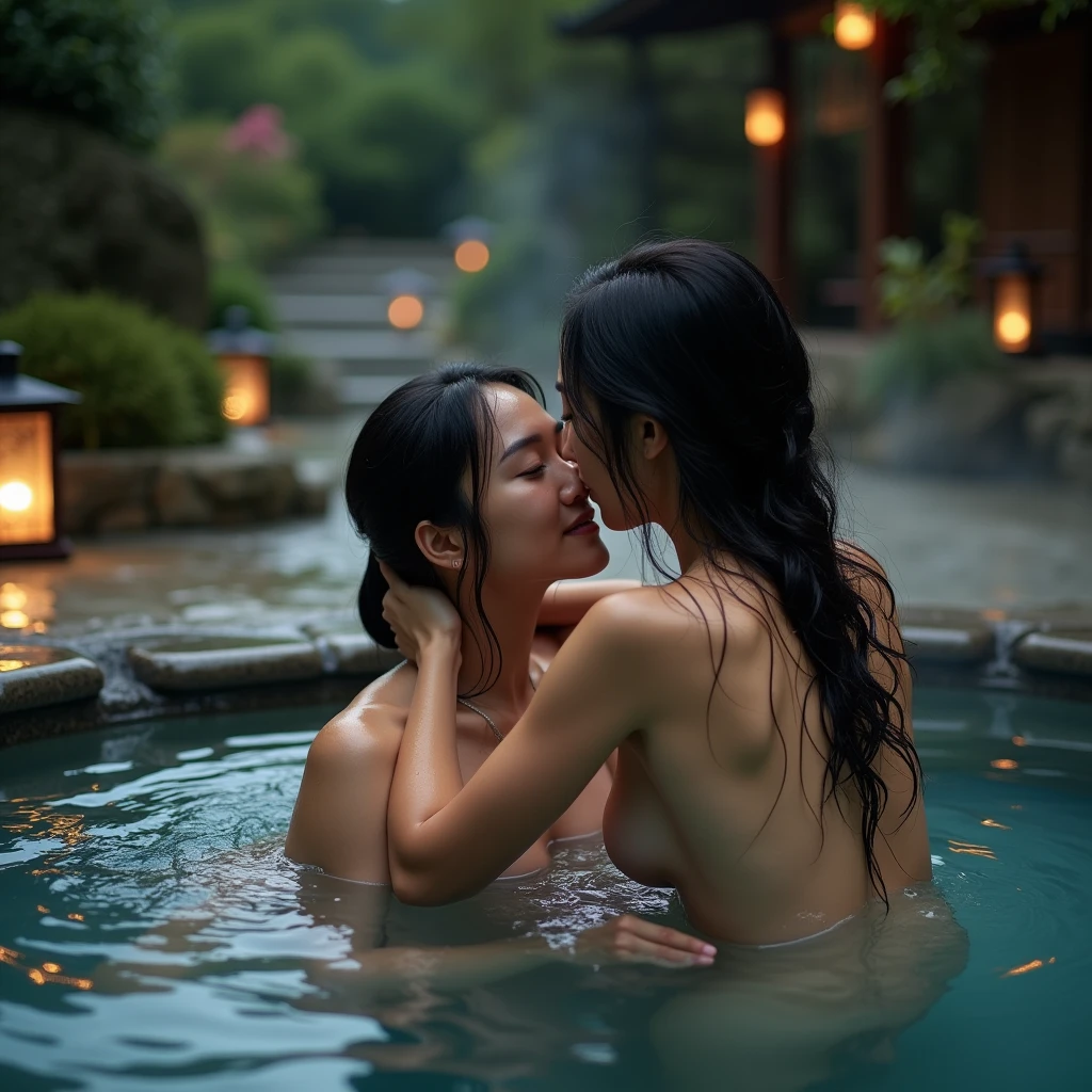 (8K,best quality,masterpiece:1.2),ultra detailed,(photo realistic:1.4),highly detailed,absurd res, blurry_light_background,cinematic lighting,mideum shot,full body shot,((1girls)),((couple)),((kissing:1.2)),(deep kiss:1.4),Japanese,32 years old,(brown hair,mideum messy half updo:1.2),(((completely nude))),(((no clothes))),(Slender abs:1.4),(large chest:1.5),(large hip:1.1),(show pussy),(hairy pussy:1.5),(camel toe),(blushing:1.3),((1boy)),Japanese,20 years old,light brown short hair,((erected penis)),(grab her breast),((in a hot spring)),((from front)),((smile)),((Snowy scenery)),(snowing outside:1.1),((Sunset,magic hour:1.4)),((Clear Night sky,A cloudless Night sky)),((outdoor)),A vast open-air bath,Huge hot spring,((It's steaming)),(Japanese garden-style hot spring),