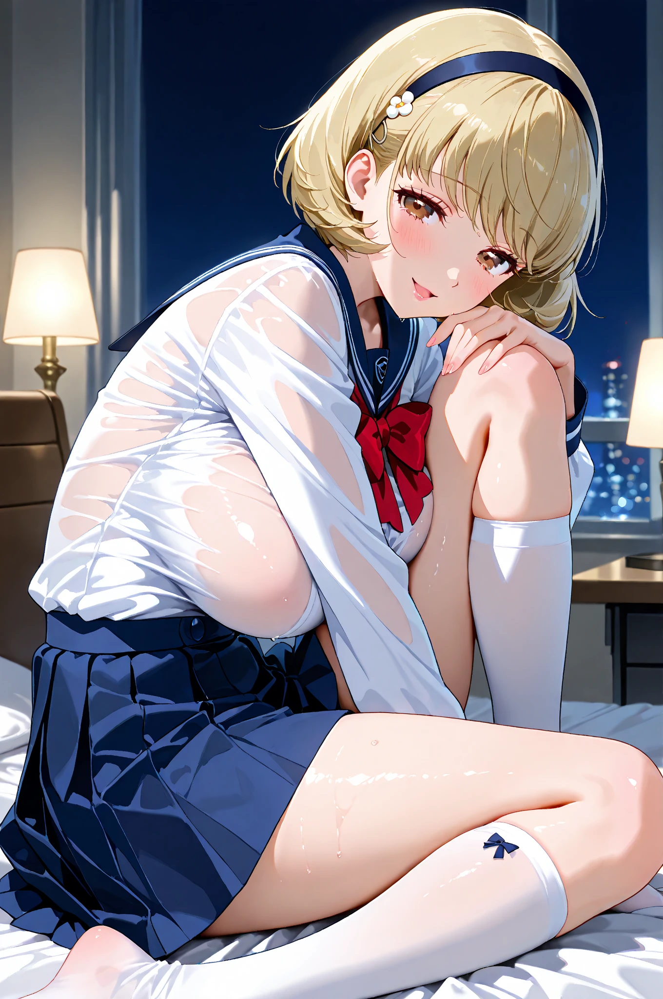 blonde, short hair, girl1, sleep in bed, upper body, completely nude, (small nipples:1.2), (small areolas:1.2),
kawaii, cute, pale purple eyes, blue sailor uniform lift, blue bowtie, (open white shirt),