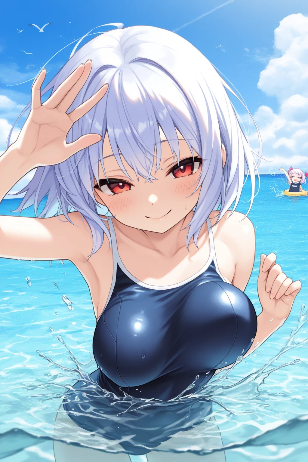 (((masterpiece))), ((highest quality)), ((Very detailed)), ((High resolution)), ((8k)), ((Anatomically correct)), One Woman, Short Hair, (he is short), Very cute woman, delicate, Charming smile, Colored Hair, Bright Eyes, Big Eyes, Best moment, Vivid eyes, Beautiful Skin, Cute face, delicateな腕, Detailed skin texture, Intricate details, Very detailedな顔, Beautiful Eyes, Beautiful curves, View your viewers, Beautiful thighs, Sweating, I can see my belly button, Wear colorful swimwear, Pool at night, barefoot, A big smile, Looking up, Open your mouth, blush, sit,