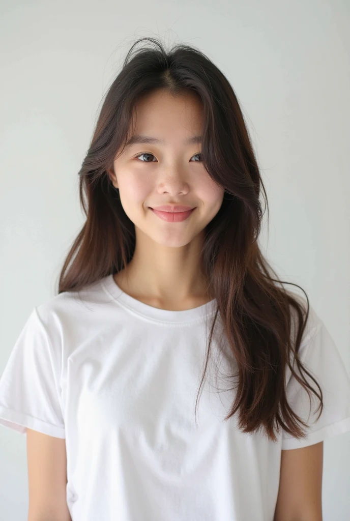 軽めのLayer Styles、human、Transparent woman、young、White T-shirt、Reduces neck volume、Fair-skinned pretty woman、No blunt ends、Layer Styles、Gourd Shape、Body is at an angle、looking at the camera、Tilt your head、
Collarbone-length hair、Brown color、Outline of an inverted triangle、Big eyes、Smile a little
