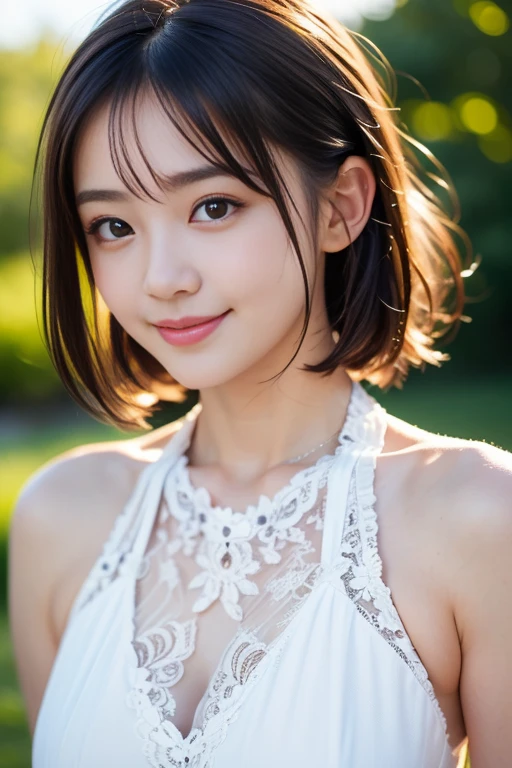 girl, White skin, Dark brown short tiered hair, V cut with layers and bangs, Brown eyes, Soft atmosphere characteristics (Highest quality, Ultra-high resolution, 8K, RAW Photos, Ultra-high resolution: 1.2, masterpiece: 1.2), (Realistic, Realistic: 1.37), Very detailed, Professional Lighting, Photon Mapping, Radio City, Physically Based Rendering, Japanese, One Girl, alone, high school girl,Black Hair, cute, Nice, Adorable, A light smile, Normal chest, T-Shirts,garden,Earrings,grass,