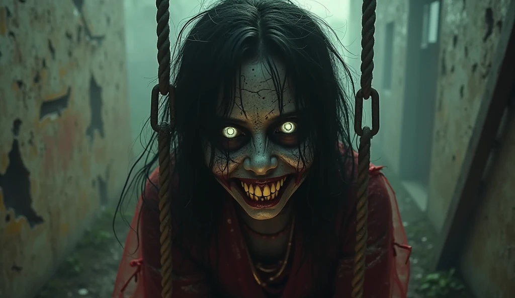 arafed woman with blood on her face and eyes in a city, horrifying grin. horror, creepy hd 4k, horror cgi 4 k, japanese horror, detailed 4k horror artwork, japanese horror movie footage, scary smile, unsettling grin, creepy evil smile, horror smile, horror image, digital horror artwork, creepy smile, scary picture, horrifying, hyper-realistic 8K fish-eye jumpscare photo of a 10-year-old ghostly mediumistic telekinetic psychic girl with Asian features, She has black hair styled in buns and is wearing a red qipao, The scene is eerie, with scary kids and ants around her large feet., The atmosphere is unsettling and spooky, designed to evoke fear, The image should be in a 16:9 aspect ratio.