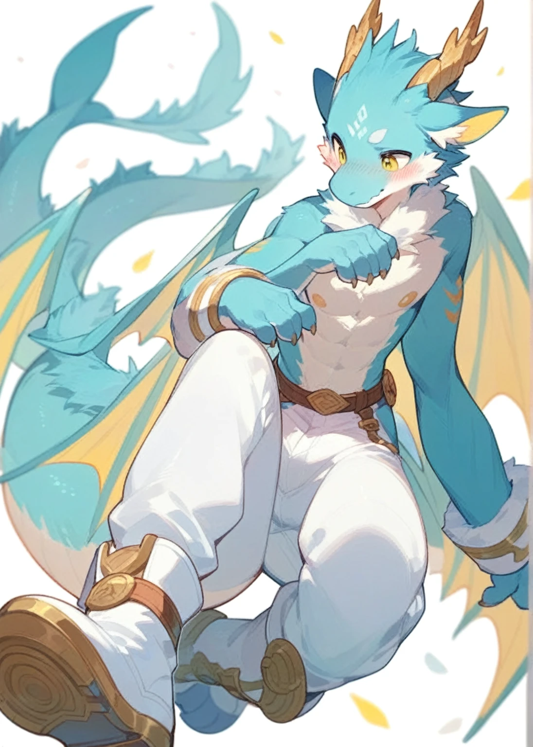 （masterpiece, high quality, H, Not NSFW，individual） head（Red eyes and a pair of golden dragon horns on the head）Body （White and blue with gold patterns） limbs（White with gold and blue patterns）Tail（White with gold and blue patterns）A blue and white coat with golden markings，Furry is a hybrid of dragon and wolf with red eyes and a pair of golden dragon horns on his head.