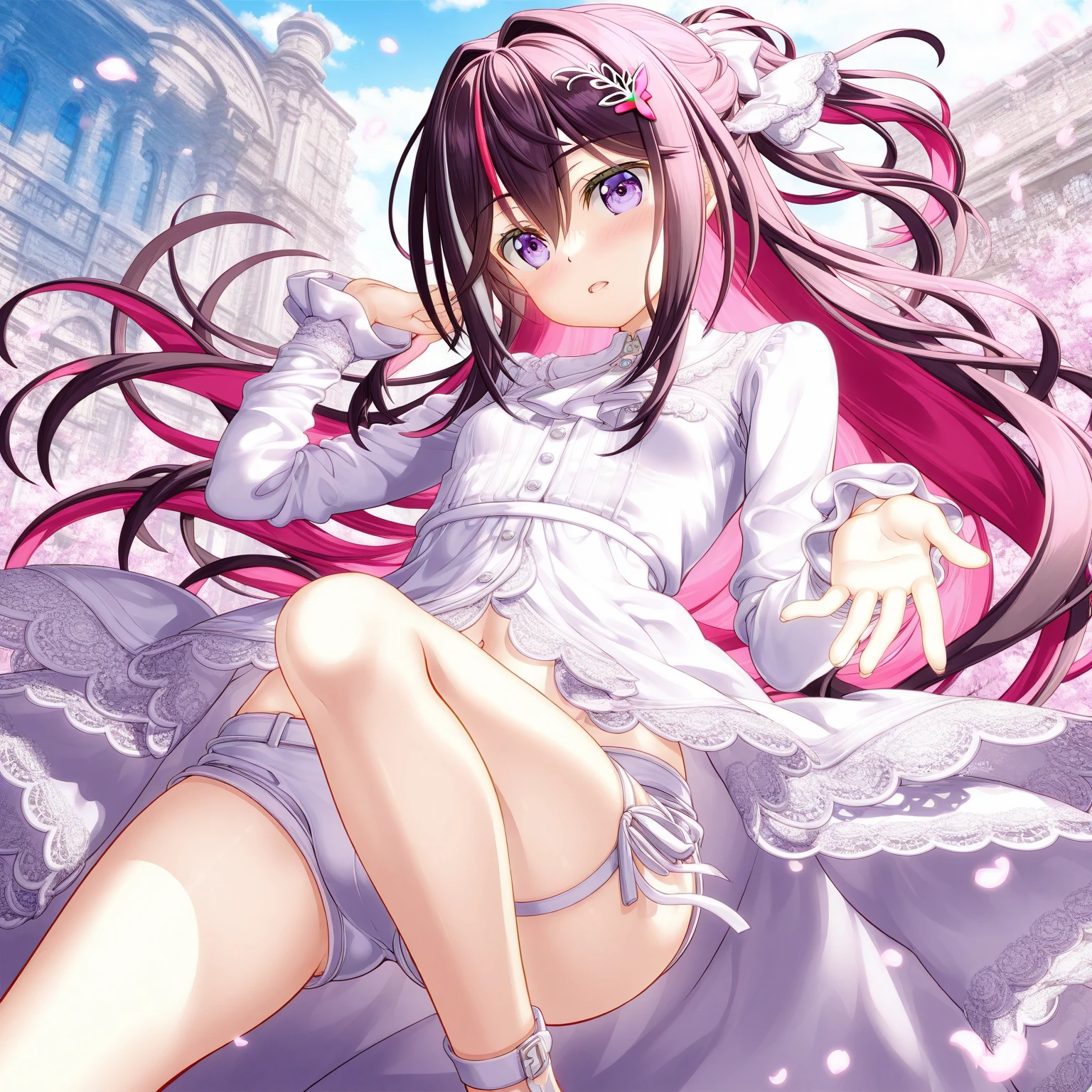 Masterpiece、Highest quality、Super detailed、1 girl、Light pink hair、Fluffy and soft long hair、Starry eyes、Big Tits、Cleavage、Sailor suit、Lace cape、Frills、ribbon、hydrangea、cute umbrella、rain、梅rain、Belly button、hydrangeaのヘアアクセ、Earrings、choker、underwear