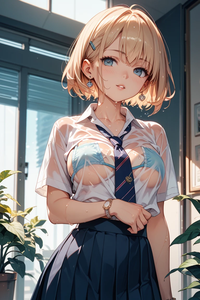 blonde, short hair, girl１, in the School classroom, (upper body), completely nude, (small nipples:1.2), (small areolas:1.2), kawaii, cute, purple eyes,(open white shirt),(shy), (blush),light smile