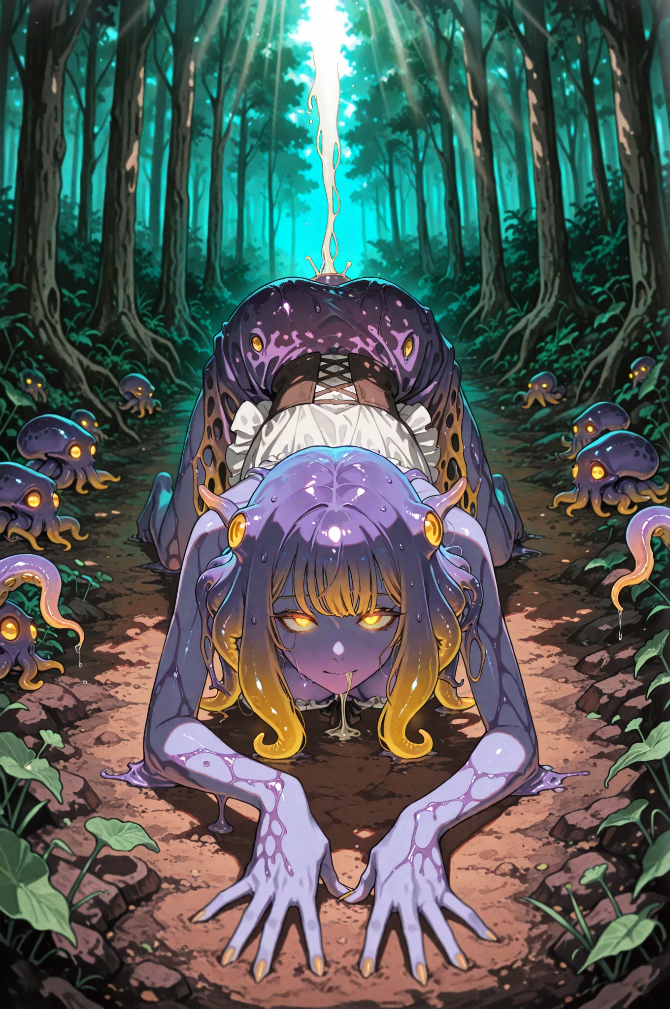 ((naked)), Chubby,((spread legs)), ((legs up)),in forest,((green skin)),((twin tail)),(((thick eyebrows))),(((fang))),big eyes,big chest,(((bright eyes))),(((bangs))),(((crying face))),((do sex with a boy))