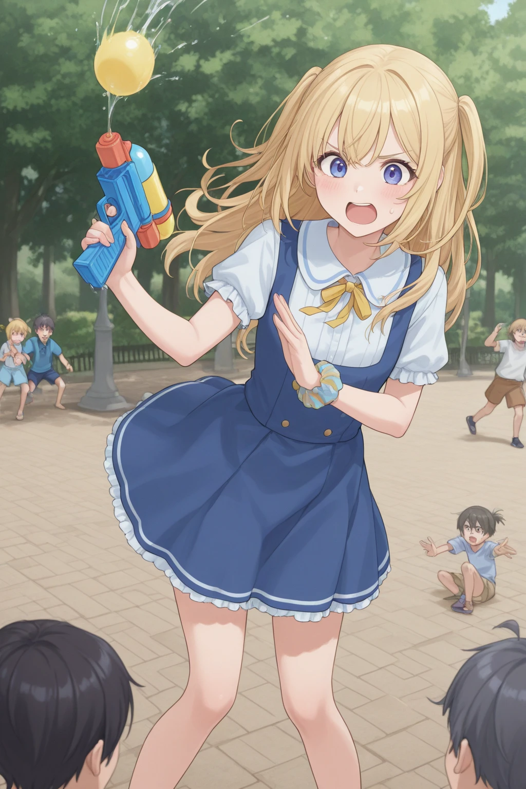 (ultra-detailed), (anime), (manga), (8k quality) a girl, high school girl, 15 years old, torn clothes, covered in sweat, covered in liquid, several men throwing water at the girl, several men throwing buckets of water at girl, urban environment
