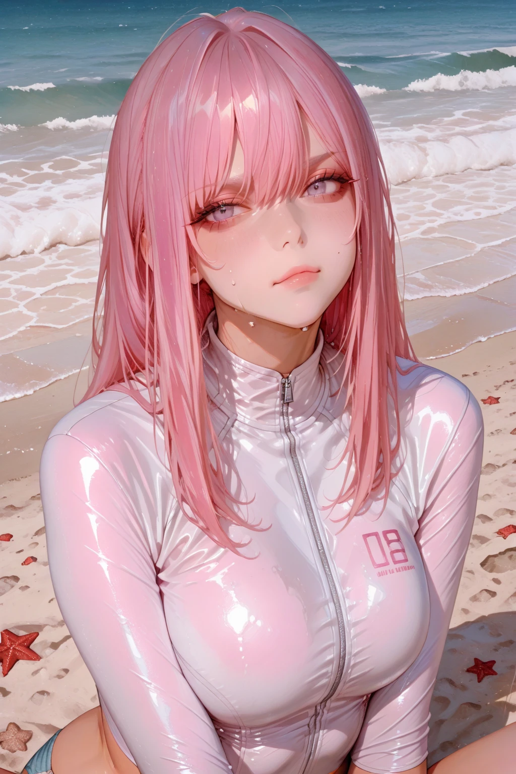 obra-prima, melhor qualidade, parte superior do corpo, rosto, torso, pele detalhada, [anime|realista|anime], de cima, olhando para cima, expression of anger, boca aberta, particles in the air, cinematic lighthing, BREAK, cabelo longo rosa e (messy pink hair ), (olhos rosa brilhantes), sobrancelhas rosa, (capa rosa: 1.2), middlebreasts, (luvas de cotovelo), coxas brancas, batom rosa, (collant), punhos cerrados, postura de luta
