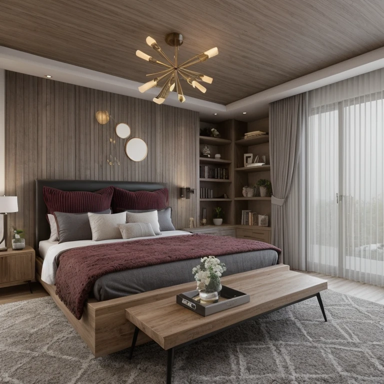 A realistic render of a luxurious and minimalist bedroom based on a sketch input. The room features a modern upholstered bed with several pillows and a thick, elegant duvet. A small bench is placed at the foot of the bed, with a decorative bowl and book on top. Stylish bedside tables, a modern chandelier, wall art with circular shapes above the bed, tall curtains framing large windows, and sleek wall-mounted shelves. The room uses a rich color palette of deep red, brown wood tones, and medium gray fabrics. Soft natural light fills the room, highlighting the texture of the materials. A stylish rug with wave-like patterns is on the floor. The environment feels cozy, elegant, and uncluttered.

