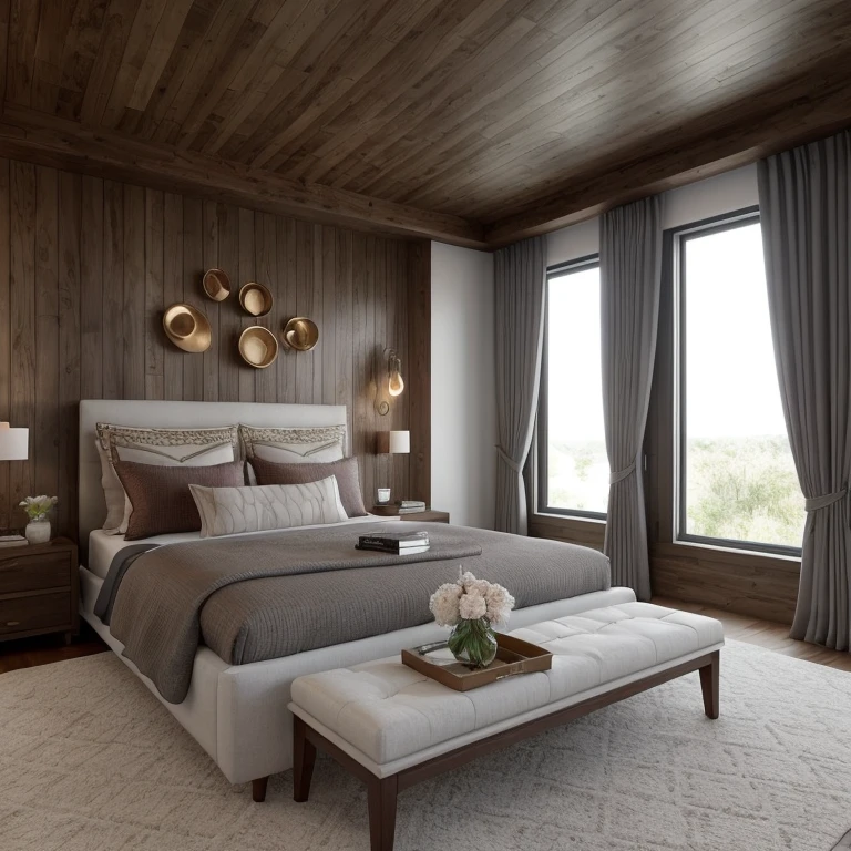A realistic render of a luxurious and minimalist bedroom based on a sketch input. The room features a modern upholstered bed with several pillows and a thick, elegant duvet. A small bench is placed at the foot of the bed, with a decorative bowl and book on top. Stylish bedside tables, a modern chandelier, wall art with circular shapes above the bed, tall curtains framing large windows, and sleek wall-mounted shelves. The room uses a rich color palette of deep red, brown wood tones, and medium gray fabrics. Soft natural light fills the room, highlighting the texture of the materials. A stylish rug with wave-like patterns is on the floor. The environment feels cozy, elegant, and uncluttered.

