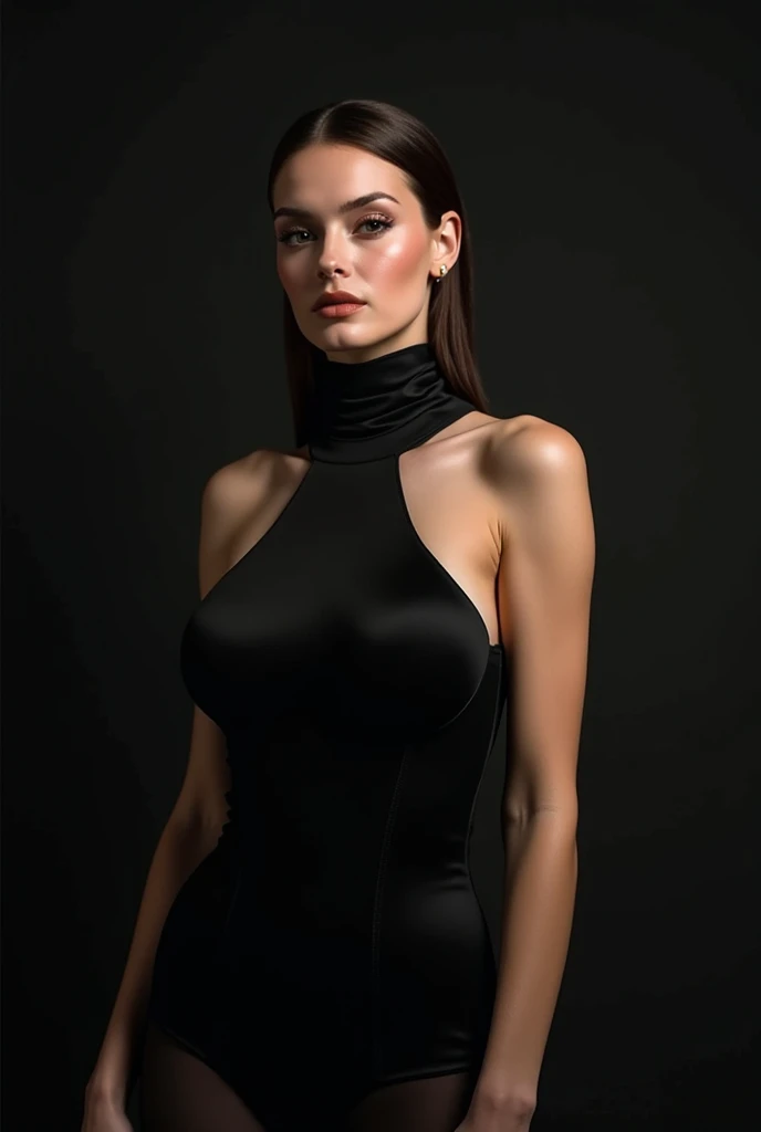 Gorgeous european woman with very short straight hair, short hair, wet hair, hair slicked back, combed straight back, slick hair, black hair, wearing a transparent net dress, solid dark black background