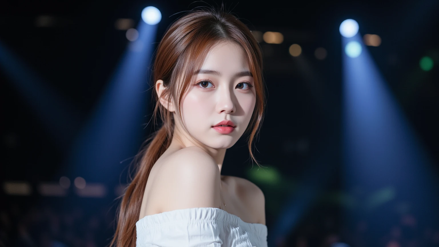 Canon RF85mmf/1.2,masterpiece,highest quality,Ultra-high resolution,VC,1 girl,(Korean mixed race,K-Pop Idols:1.2),alone,white_Shiny_skin,Iris,necklace,((Brown_length_Wavy_hair)),((pink_Shiny_lips)),eyelash,前hair,make,compensate,Shiny,pore,skin texture,bracelet,Off the shoulder,See through,Big Breasts