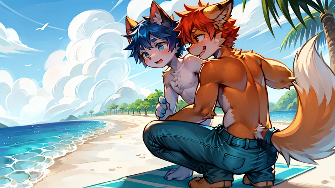 Orange furry boy, teenage boy, aged 20 years, picnicking on the beach in the morning with friends