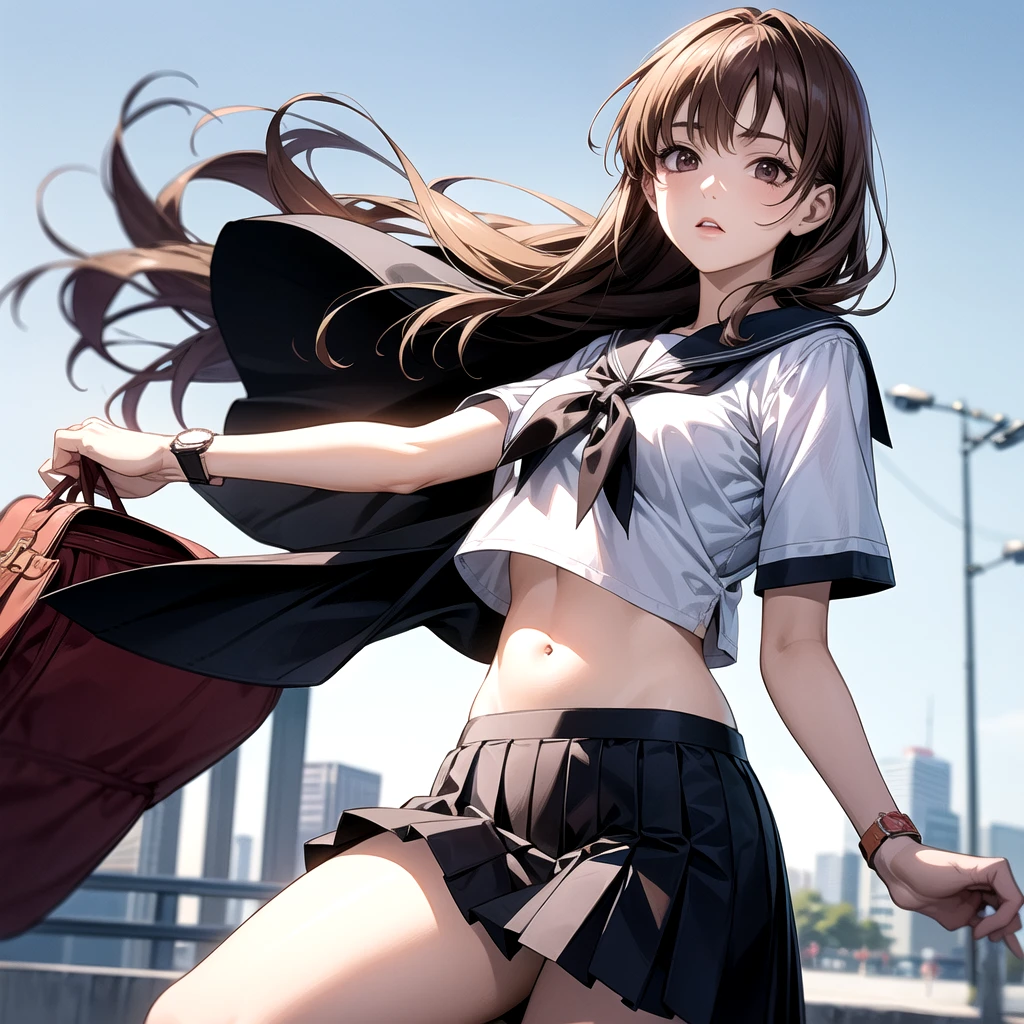 Realistic and detailed image of a girl in a school uniform with pleated plaid mini skirt. She has long wavy brown hair in a side bun. Red eyes. She has earrings, long eyelashes. she has small breasts, slim waist, very wide hips and thick thighs, disappeared, tottering, fighting, outdoor, torn clothes, white underwear, spit water, :o, saliva, tearful eyes