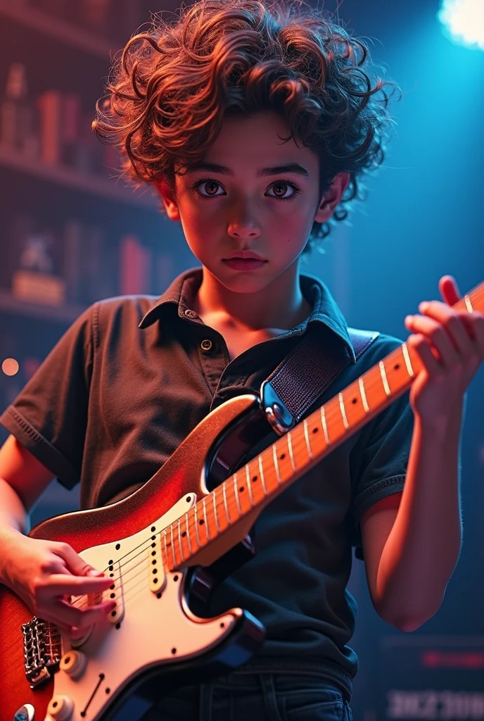 A kid character, rockstar,rock music,guitar electric in his room ,dark background 
