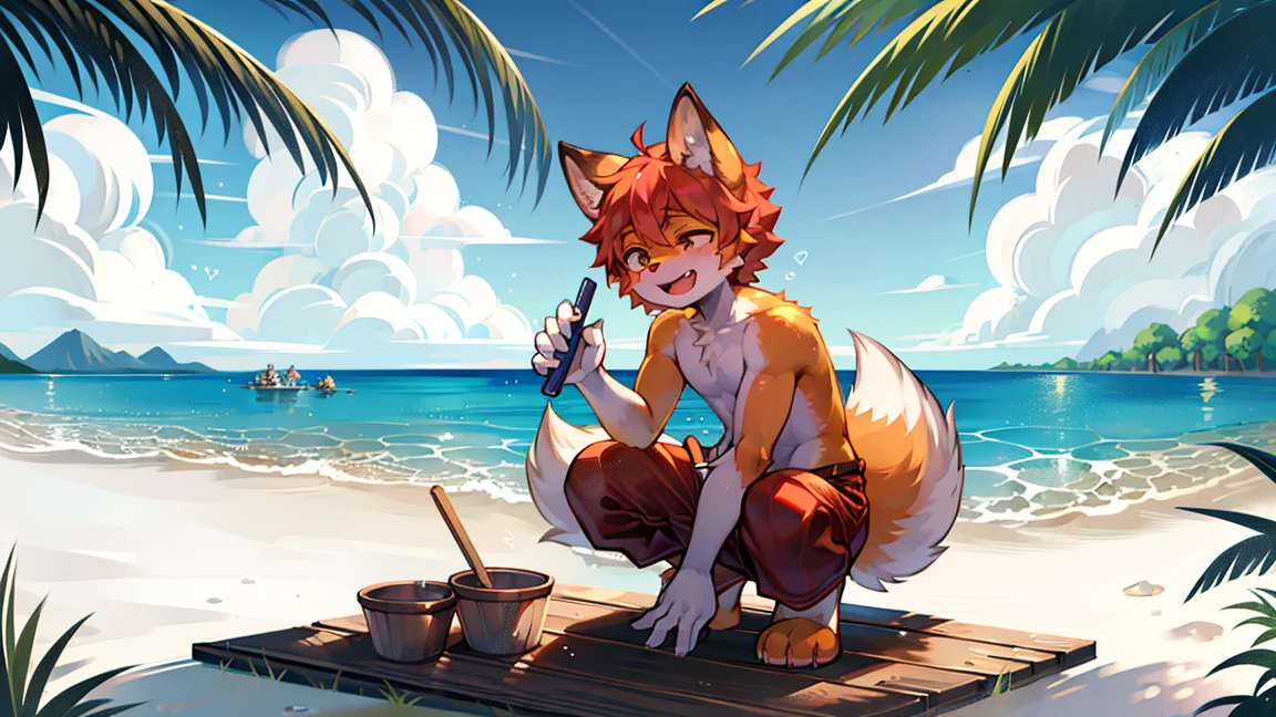 fox boy,Ocean,Red collar,Large high rise apartment building,  8K resolution,high resolution,最high resolution,Sandbox,