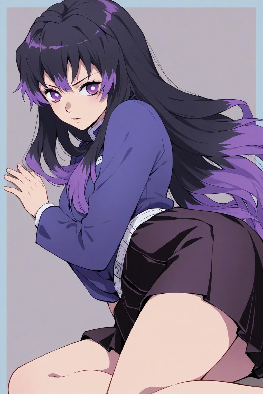 2d, masterpiece,  white panties, slim body, slim legs, spread legs, best quality, hands behind head, ((full body)), full pose, anime, highly detailed, cowboy shot, 1girl, solo, yuri, purple hair, purple eyes, long hair, hair between eyes, hairclip, , blazer, brown sweater, collared shirt, neck ribbon, blue skirt, white socks:1.2, black school shoes, clenched hands, smile, squatting:1.3,