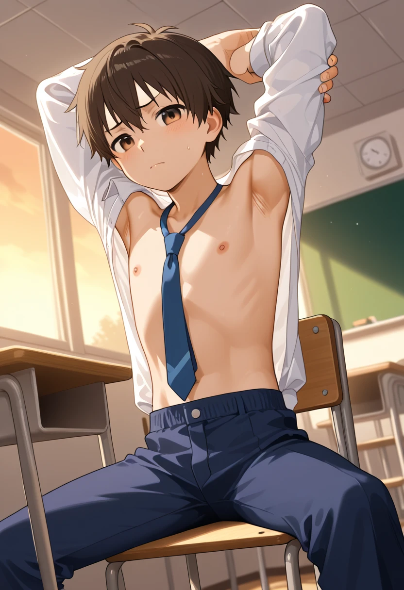 Highres, Masterpiece, Best quality at best,Best Quality,hight quality, hight detailed, Anime style, 1boy, Shota, young boy, (Milking machine), milking, ??? milking, (????? in the tube:1.2), milking machine, Erection, (White tube:1.2), ?????, frenulum, blush, On chair, shackles, Seen from the front, look at viewer,Simple beckground, (very young boy), (very small and short body), 12-year-old boys, (Showing armpit:1.3), hansome boy, Uhd, bokeh, sweat