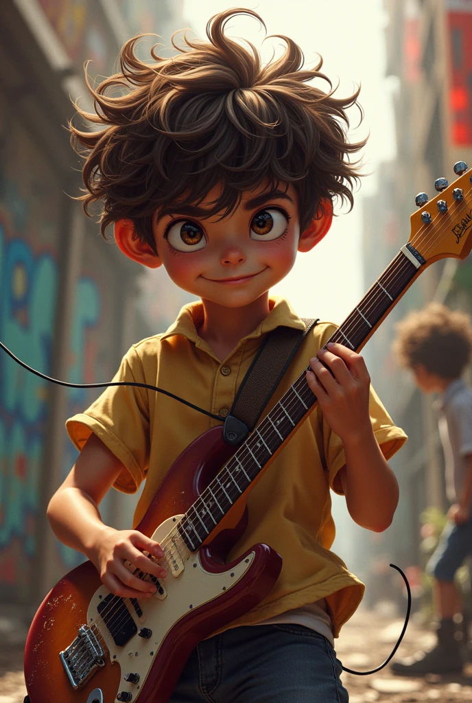 Create a curly haired white boy playing guitar on a skateboard wearing a high school t-shirt