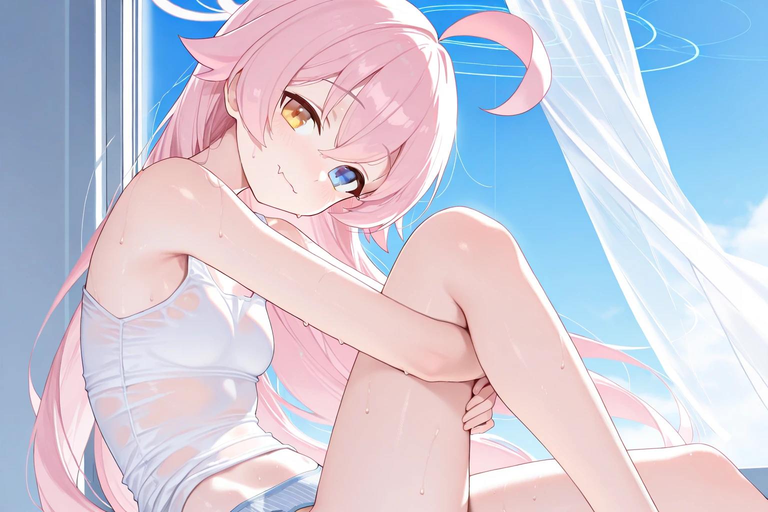 1_girl, (anime, kawai:1.6), (masterpeice, best_quality, clean:1.8), (sky_background:1.2), (cute, wholesome, young:1.4), (delicate, extremely_delicate, beautiful, thin:1.3), (girlfriend, angel:1.5), (green_eyes:1.8) (long_hair, blond_hair:1.6), (wearing_long_pink_bikini, pink_angel_wings:1.8), (tease:1.8), (combat:1.8), extremely_delicate, (love_magic:_size_fits_body), (small_thighs:1.3), (eye_level:1.3), (love:1.5), (warm:1.5), (folded_legs:1.3), (cheerful:1.5)