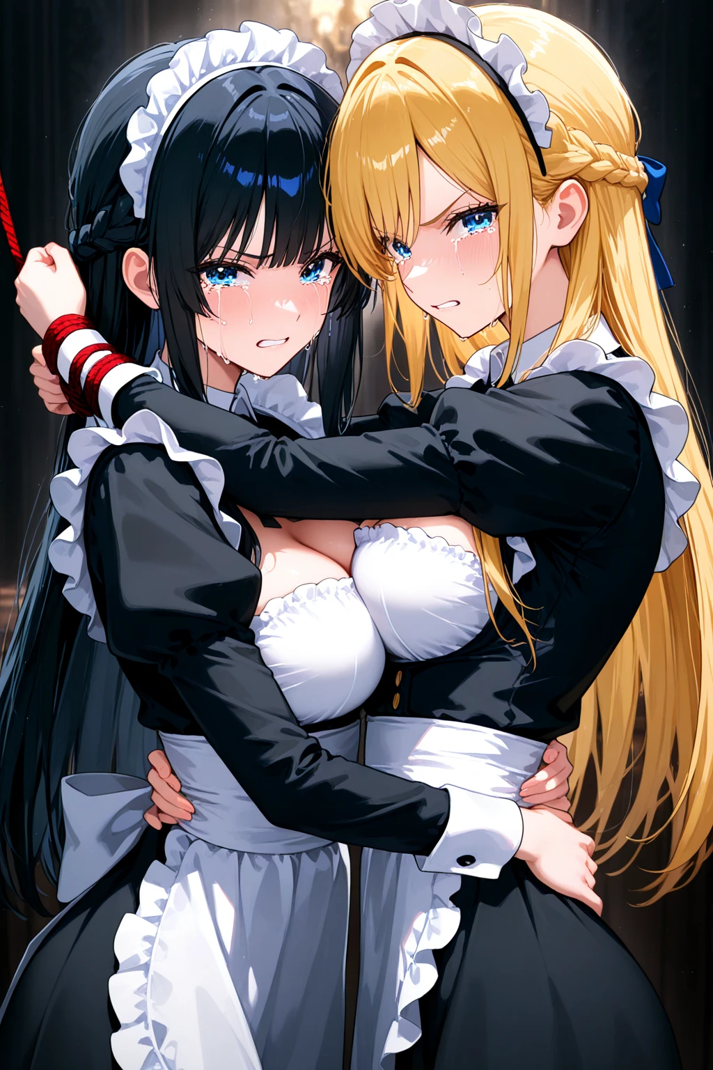 score_9, score_8_up, score_7_up, source_anime, masterpiece, (Multiple Girls, Two Girls, Bound BDSM, Gagged gag, Breast Press, kiss, Symmetric docking) (Digital) (In the detailed bunker(Maid clothes)) , highest quality, double gag,