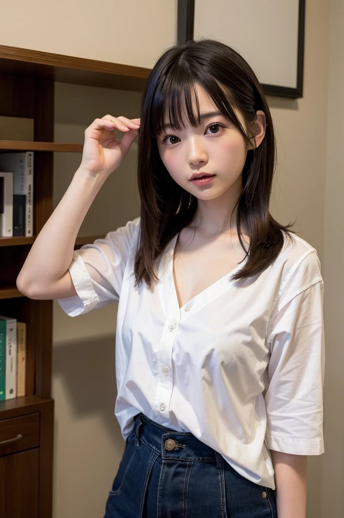 Tabletop, Highest quality, One girl, (Beautiful girl, cute:1.3), (15 years old:1.3), Very fine grain definition, (Symmetrical eyes:1.3), Browsing Caution, ( and wearing only a white shirt:1.3), Small breasts, Brown eyes, Fox ears, Parted bangs, Brown Hair,  girl
