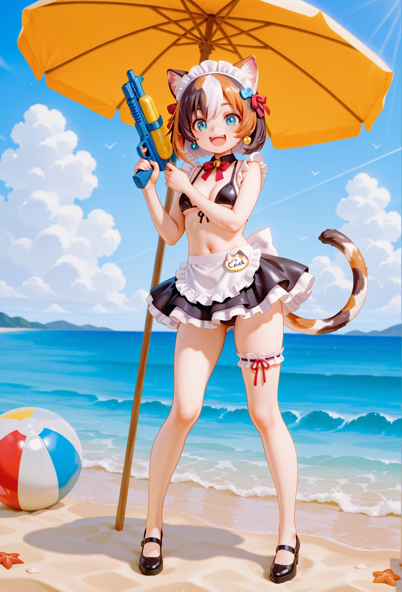 Highest quality, Official Art, masterpiece, Fabric Shading, High resolution, Very detailed, colorful, Best details, (Adult,30 years old, 一peopleの大peopleの女性, conversion:1.5, Female dog, short hair, Brown Hair, ponytail、Tired Hair, Green swimsuit:1.5, Center of chest, Puffy nipples:1.3, skinny:1.5, Camel Toe:1.5, Public indecency:1.5, Beach:1.5, derogatory, people々Surrounded by:1.5,