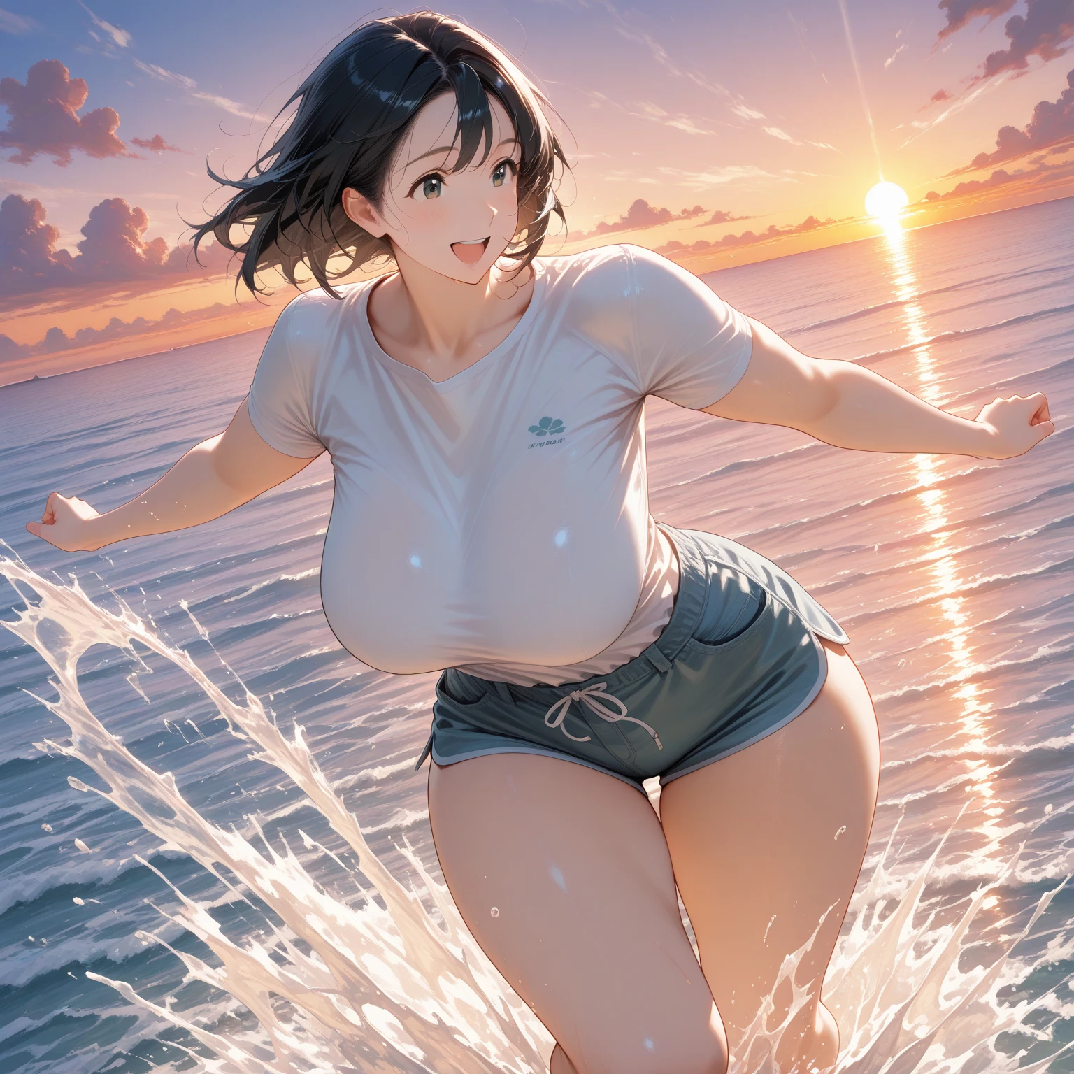 score_9,score_8_up,score_7_up,masterpiece,best quality, source anime, official art, super detailed, extreme detailed, rating_explicit,
1girl, standing, arms up, stretching, from front, upper body,
BREAK girl, 22yo, short hair, bob cut, (blunt bangs), black hair, (tareme, detailed cute brown eyes), curled eyelashes, (large breasts:0.9),
shiny hair, beautiful detailed eyes, beautiful face,
micro bikini, wet,
(embarrassed), blush, smile, parted lips,
beach, summer, edge of water, sunlight, wind,