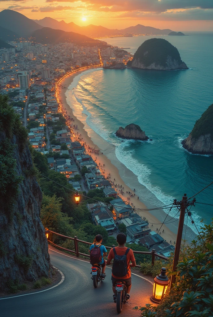 Descreva um casal jovem, ela com cabelos loiros longos e ele com cabelo mediano, desfrutando de um dia cheio de aventuras emocionantes no Rio de Janeiro. They are exploring the city's famous beaches, starting with the bustling Copacabana beach.

O casal caminha pela orla, sentindo a brisa do mar e o sol quente em seus rostos. Eles decidem alugar pranchas de stand-up paddle e remam juntos no oceano, enjoying panoramic views of the beach and surrounding mountains.

Depois, the couple decides to experience the adrenaline of hang gliding in the famous Morro Dois Irmãos. They venture into the skies, hand in, apreciando a vista deslumbrante da cidade, beaches and Sugarloaf Mountain.

To complete the fun-filled day, o casal decide fazer um passeio de bicicleta pela orla de Ipanema e Leblon. Pedalam pelas ciclovias, Enjoying the relaxed and vibrant atmosphere of the city.

No final do dia, exaustos, mas cheios de felicidade, The couple finds a strategic spot on the beach to watch the sunset. Sentados na areia, They hug each other as they enjoy the vibrant colors of the sky reflected in the sea, capping off the perfect day of fun in Rio de Janeiro.
