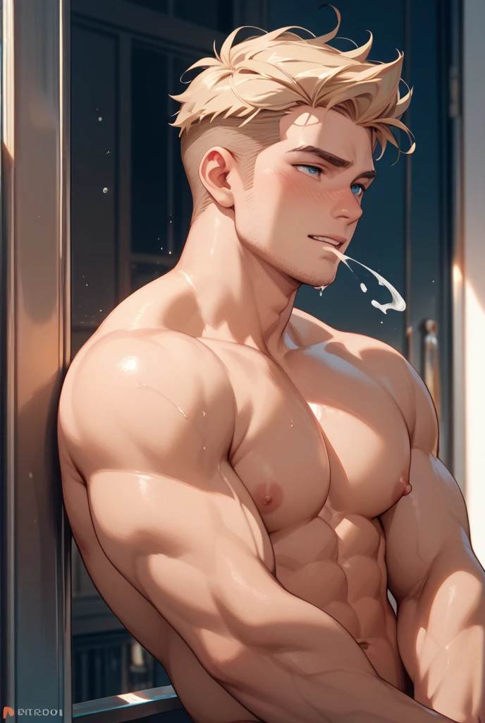 blond man Navy SEAL LT. Troy Adams was ready . Standing on 6 feet 2 inches of sculpted hard marine trained muscles, He was ready. He looked in the mirror on the wall of the ship's bunk, applying camouflage to his 22-year-old face. His green eyes reflected his strong, arrogant confidence. A smile slipped across his face, when he covered his short-cropped blonde hair. He looked at his reflection, completely naked . He showed every curve of his tight body. muscular chest and vividly covered with hair ,, A big dick is visible , big dick , erection, cock boner , with a big erect dick