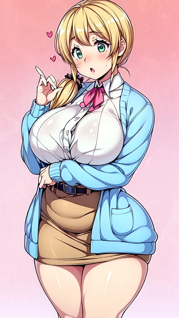 (masterpiece), 8k ultra hd , high quality, best quality, expressive eyes & face, cute sulking, perfect face, perfect body, perfect body beautiful, 8k ultra hd , high quality, hair clip, shining hair, wearing tights , pink skirt , navy blue shirt,tug in shirt,perfect eye & eyebrow, kawakami_mai, long hair, large breasts, blonde hair, purple eyes, hair ribbon, ribbon,single side ponytail, mole under eye, , sweater vest, gigantic breasts:1.3, curvy body, sfw,