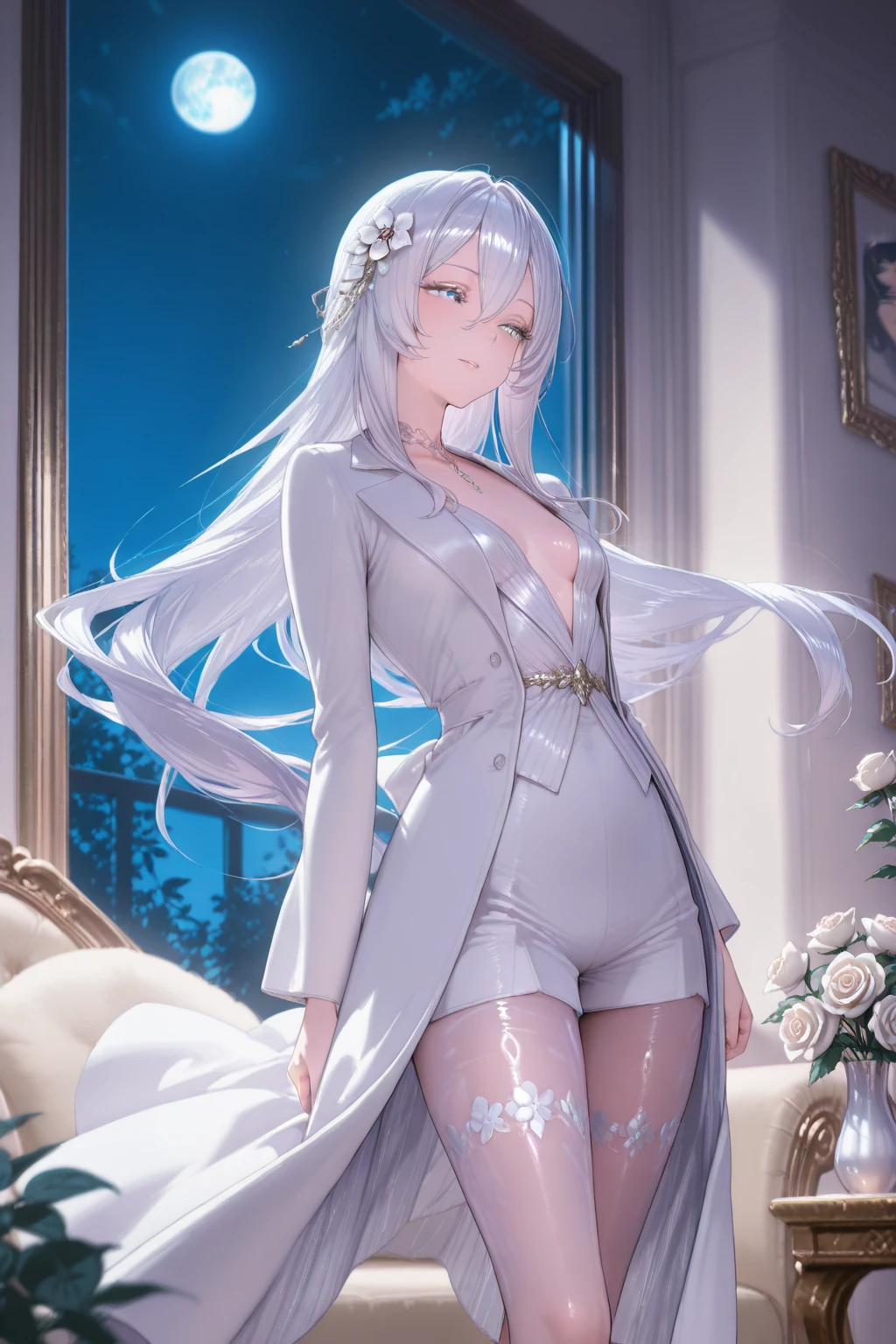 masterpiece, best quality, very aesthetic, absurdres, 1girl, mature_lady, ,honma_meiko, ano_hi_mita_hana_no_namae_wo_bokutachi_wa_mada_shiranai, 1girl, blue_eyes, long_hair, white_hair, bare_arms, bare_legs, barefoot, flat_chest, neck_ribbon, ribbon, sidelocks, star_(symbol),,bare_shoulders, silver dress, silver evening_gown, necklace,in a plaza,floating_clothes,(cum_on_body:1.3)
