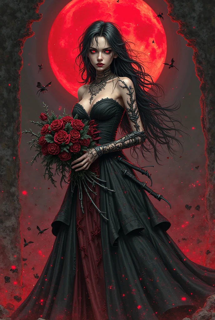 (best quality,highres),dark and mysterious,gothic art style,red and black color palette,dramatic lighting,an eerie garden setting,glimmering moonlight,delicate lace details,detailed engravings on the earrings and piercing,roses and thorns intertwined,female, pale skin, vibrant red lipstick, (white hair, long flowing hair, straight hair), red eyes, vampire, sharp fangs,playful expression,tattoos on her arms and neck,spider web motifs in the background