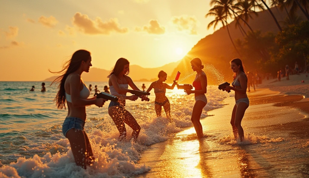 on the beach, ((beach )), A few men and a few women partying on the beach,diet,carnival,happy,在on the beach跳舞,sunset