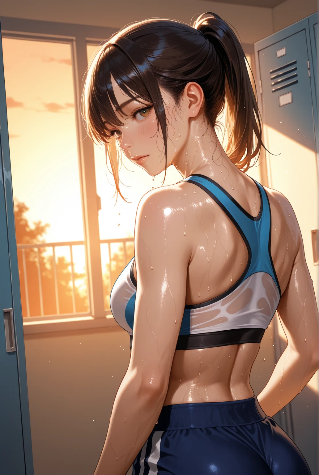 1womanl,sixteen years old、Bitgirl,Sexy pose in purple bikini、独奏,(Background with:Beach at sunset) She has very short black hair,standing on your feet,Sweat profusely,Drenched all over the body,Seen from the front, Hair straightening, Mostly cloudy sky,(((tmasterpiece),(Very detailed CG Unity 8K wallpaper),best qualtiy,cinmatic lighting,Meticulous background,beatiful detailed eyes,Bright pupils,(Very fine and beautiful),(Beautiful and detailed eyes description),Black eyes,red rip,ultra - detailed,tmasterpiece,)),facing at camera,(The upper part of the body),hight resolution,ultra - detailed),Revealing breasts,Genital only, Bulge,legs are open,sexyposture,Camel toes,flushed complexion,ssmile,frontage,cropped shoulders,elementary student,(Wearing:Sportswear Set,Athletic Sneakers)