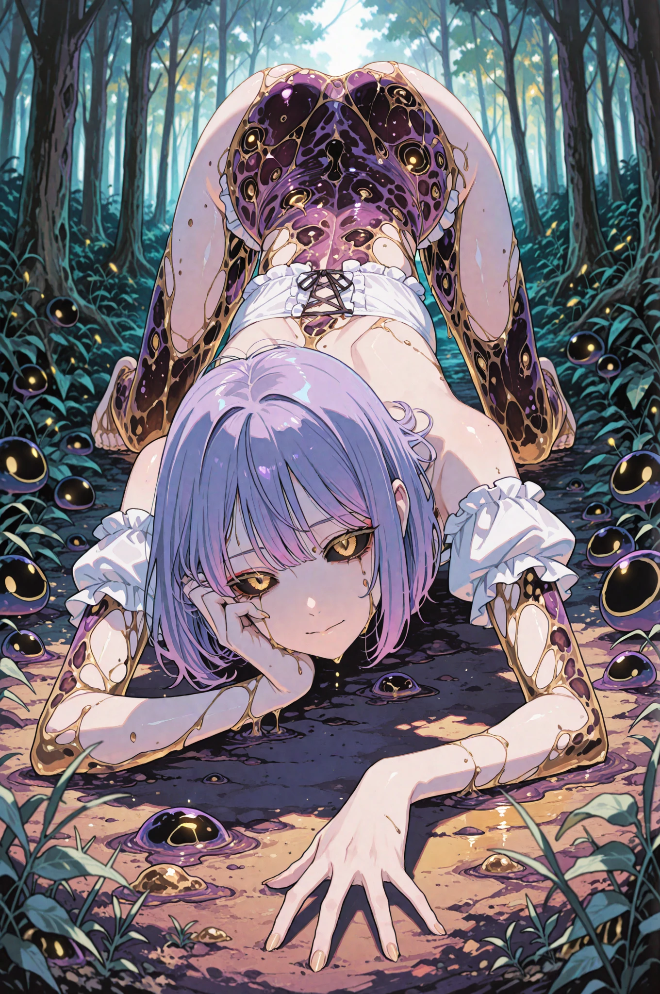 Two Girls、((Both have green skin))、((They have pink short-cut hair for each other.))、Araune、roseの花、Huge 、belly button、(Clothes made up of thick vines and leaves)、rose、Parted lips、Pointed Ears、(Red eyes),(首と髪にroseの花),(Full nudity),(Thick vines with thorns crawl all over the body)