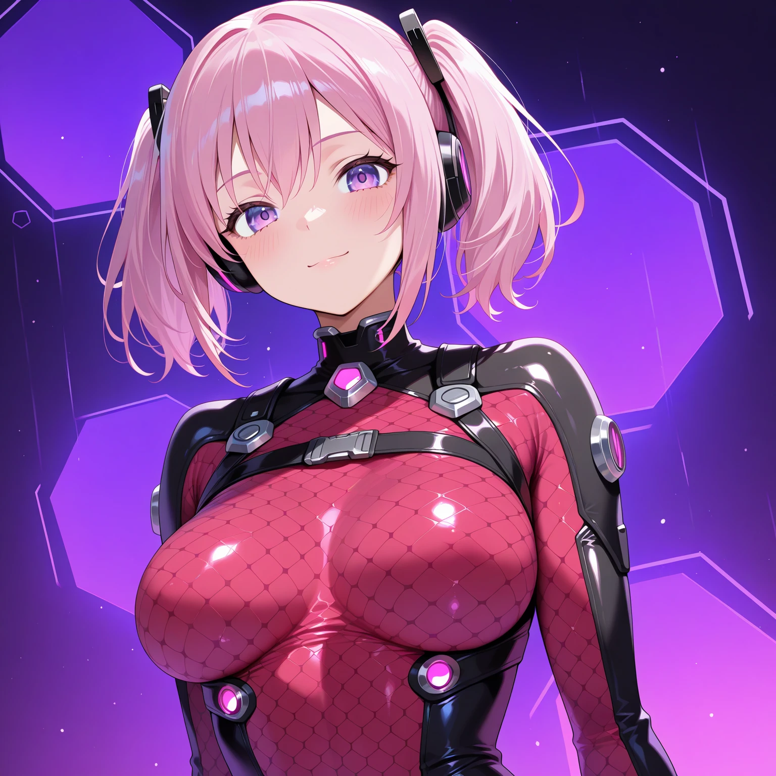 1girl, breasts, large breasts, wide hips, thick thighs, bodysuit, black bodysuit, cleavage cutout, cutout, futuristic, tech, machinery, science-fiction, pubic tattoo, heart-shaped pupils, serious, pink trim, pink hair, neon trim, pink neon trim, hypnosis, mind control, pantyhose, very short hair, nsfw, full body, ((full body))
