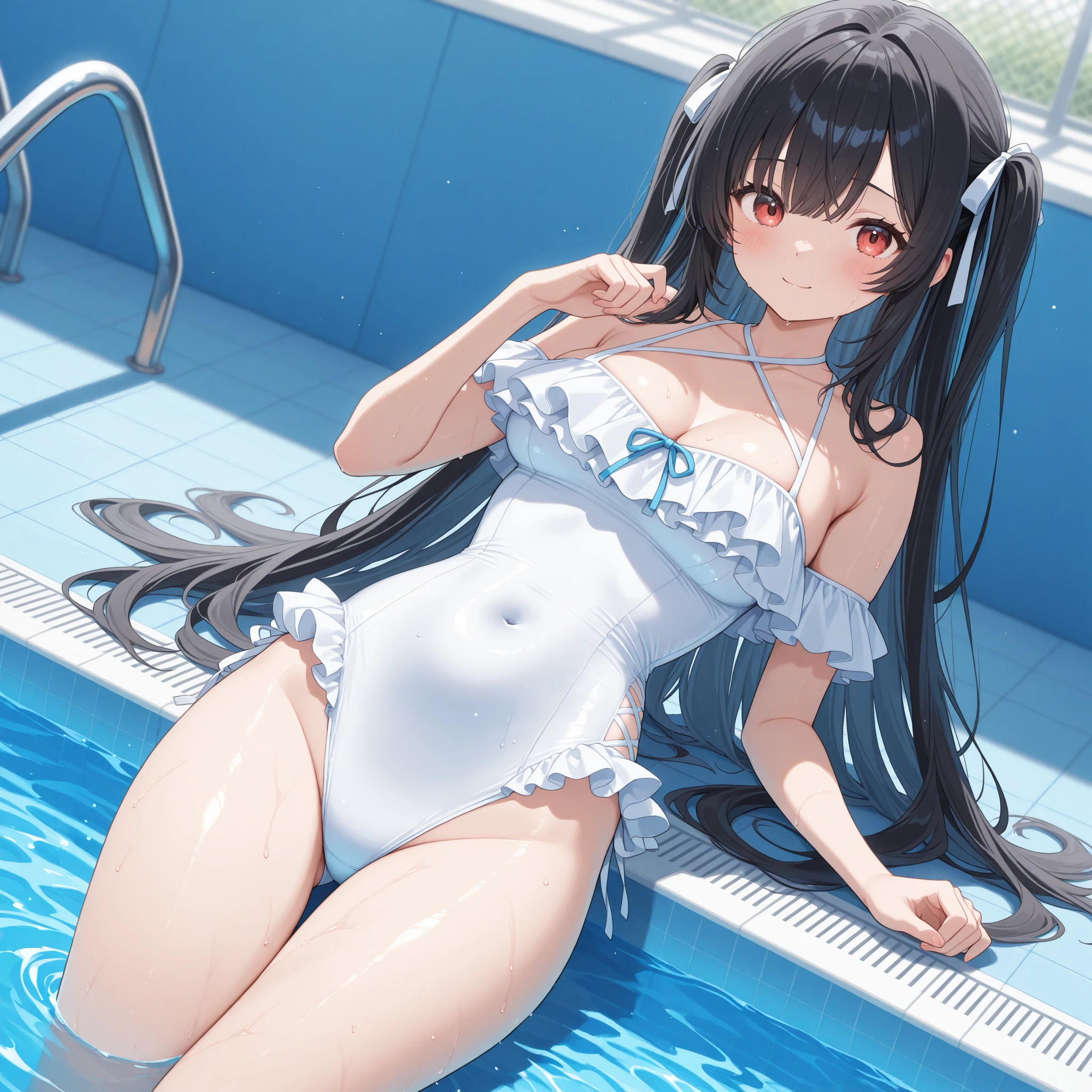 ((latex one-piece_swimsuits, lying on the water and floating, Mediterranean Sea)), skindentation, skinny, solo, 1 woman, Masterpiece, highest quality, highest quality, 16K, incredibly absurd, highly detailed, 2.5D, ai-generated, delicate and dynamic, very delicate facial expressions, delicate eye depiction, erotic, only sexy woman, healthy figure, 25-year-old woman, bride, 160cm tall, medium firm swaying bust, (dark hair), black eye, blush, Sweat,Embarrassed,sexy, ((thin thighs)), (Erect nipples:0.8), (visible nipples:0.8), (camel toe:0.8), ((shiny and lustrous)), facing straight at viewer, ((brown_skin:1.5)), ((Oily_skin)), sweaty skin, wet skin, dutch angle, sexy pose,lying,