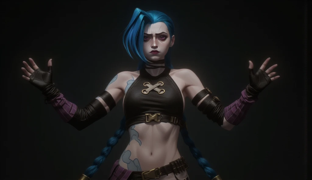 estilo Arcane, 1girl, cloud tattoo on the arm, asymmetrical bangs, franja, cabelo azul, blue braids, camisa marrom, tatuagem de nuvem, de lado, cabelo azul, cabelo longo, olhos cor de rosa, red-lips, standingn , tatuagem de nuvem, twin braids. Jinx de Arcane. Jinx. Jinx, Arcane\(league of legends\