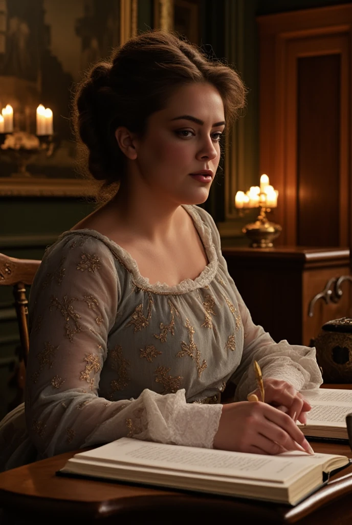 (best quality,4k,highres,masterpiece:1.2),ultra-detailed,(realistic,photorealistic,photo-realistic:1.37),HDR,UHD,studio lighting,professional,vivid colors,bokeh,concept artists,portrait of a female scientist,19th-century attire,determined expression,gentle smile,detailed face features,elegant hairstyle,impressive background,Betelgeuse constellation in the sky,ancient books and manuscripts on a wooden desk,antique scientific instruments,meticulously painted oil portrait,tasteful color palette,soft natural lighting,subtle brushstrokes,revealing her passion for knowledge and discovery