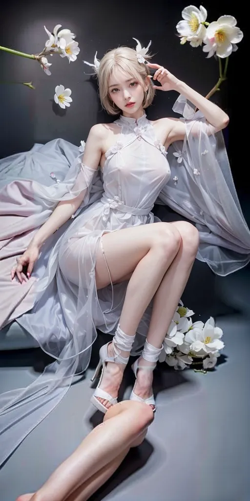 realisitic, 1 girl, White hair, purples eyes, glare eyes, top cut, overskirt, parted lips, blush, natta, flowers, floor, floorlight, no clothing, sitting, with leg open 