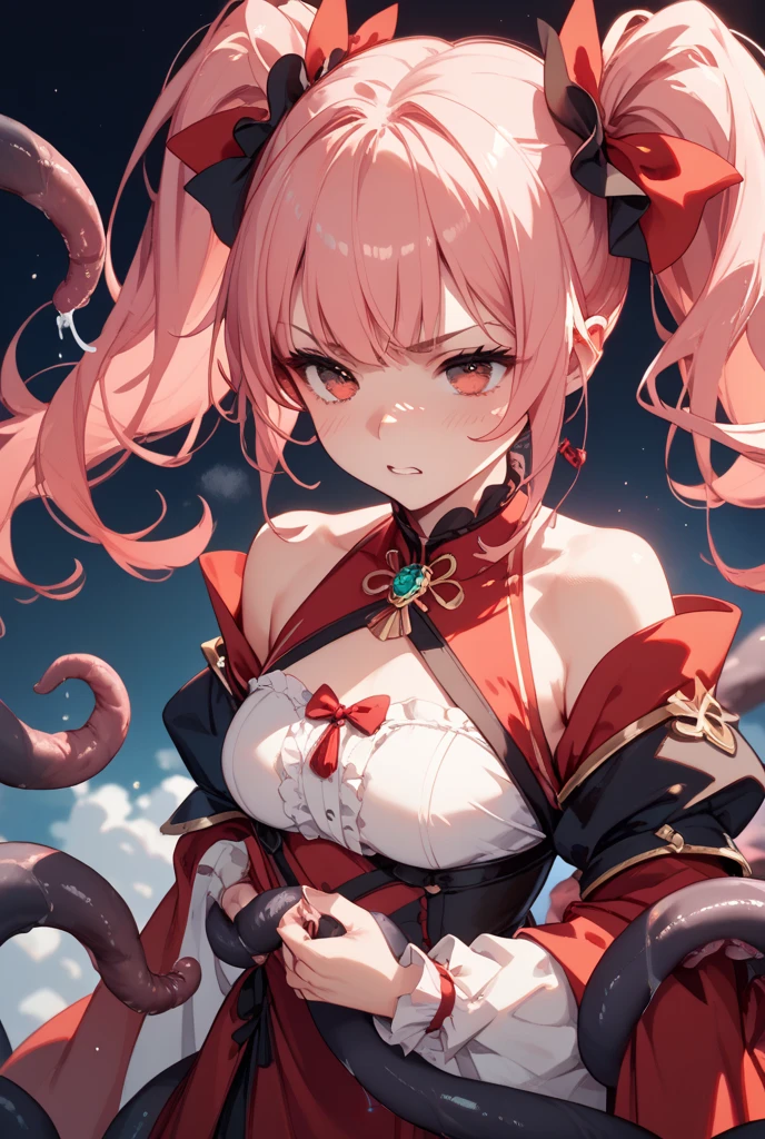 Anime girl is getting strangled by many tentacles. , blushing , suffocate
