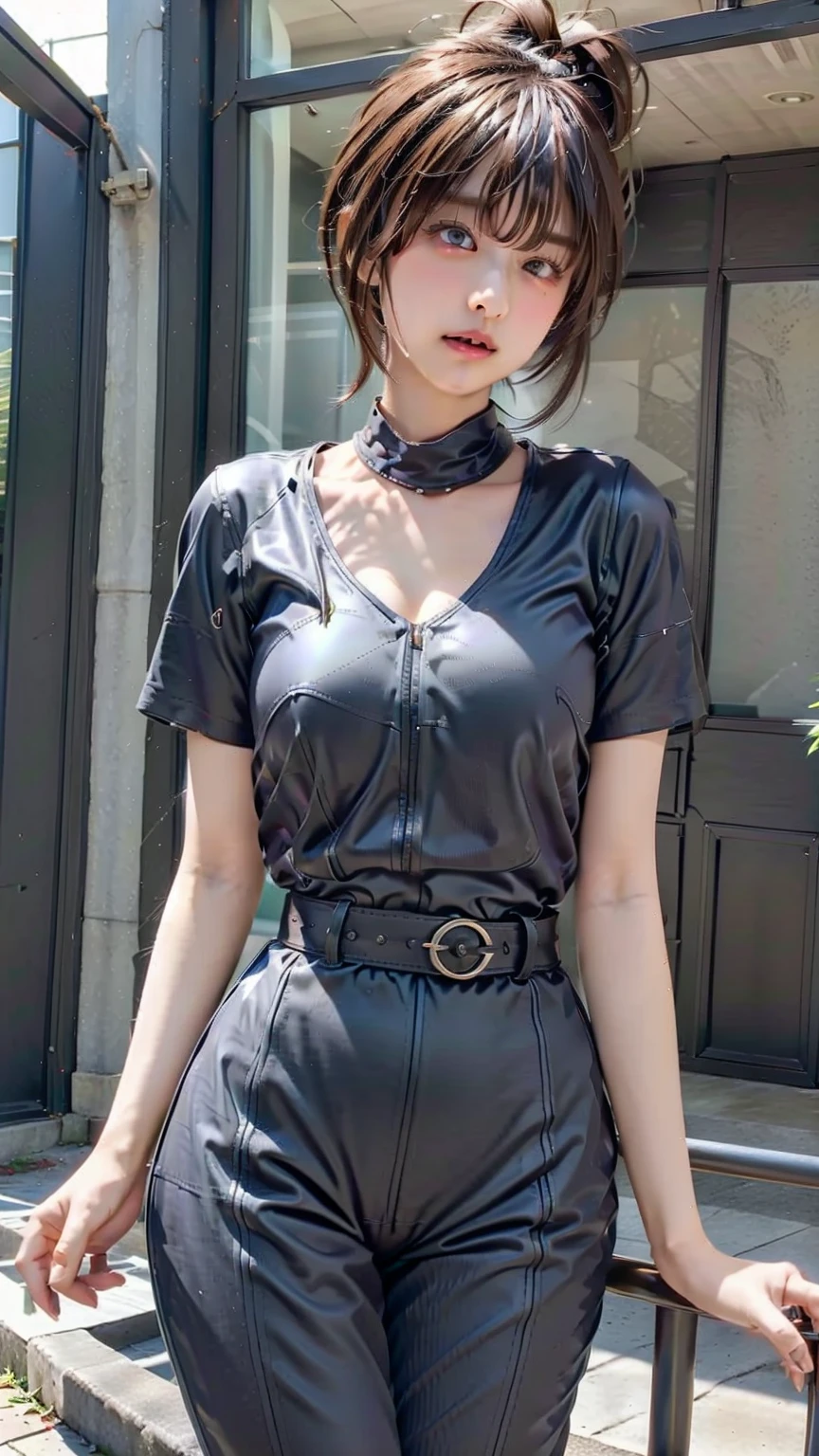 masterpiece, Highest quality, 1 person,(  Are standing, View your viewers),Detailed Background、A person who writes in detail、Accurate human body、Knowledgeable person、Accurate 5 fingers, (woman,large breasts,Curvy body,alone, short hair, black hair ,crop,kunoichi),((pussy juice))、Big Breasts,ninja girl:1.3), short hair, bob cut