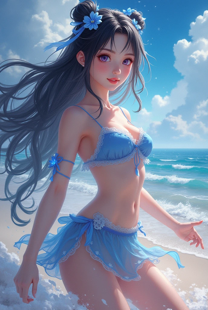 (Best Quality, Masterpiece, High Resolution), 1girl, (Dark Skin:1.2), Curly Hair, Wavy Hair, Bikini, Ocean, In Water, Wet, Wide-Brimmed, Happy