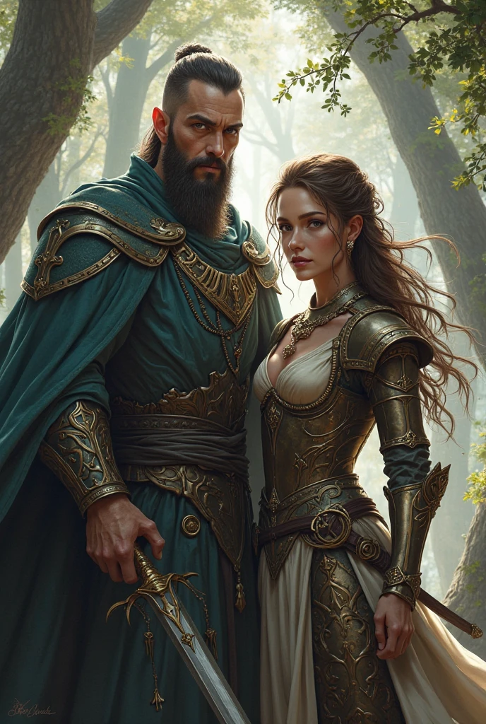 Homem e uma mulher se beijando, homem de cabelo loiro e longo, olhos azuis, peitoral gigante, corpo forte, Corpo com muita veia, armadura de viking, espada gigantesca, Mulher de cabelo curto e preto, olhos verdes, mid chest, sexy, curvas apontadas, Corpo sensual, roupa da pano, medieval setting, imagem HD, Imagem limpa, Imagem 4k, alta resolução, obra prima, manga art