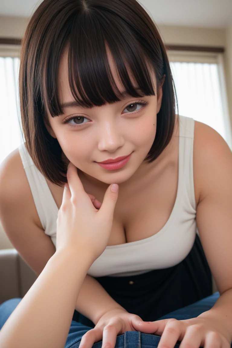 Girl in sexy pajamas, The pajamas are too small for her and highlight her breasts. The girl has short hair that reaches halfway down her neck., It is black but with a lot of volume. The girl is looking straight ahead, her eyes show disinterest or boredom, she is yawning, She is super disheveled, Her breasts are big. She hides her hands behind her back