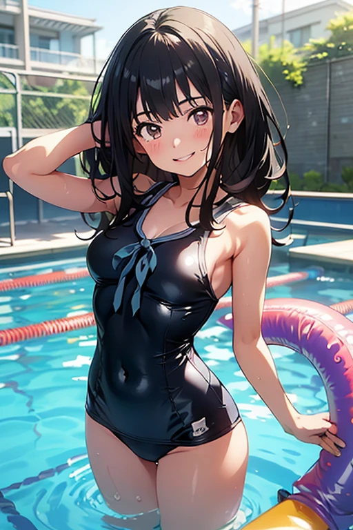 best quality, very aesthetic, Super detailed, best illustration, 1girl, おっぱい, black_hair, one-piece swimsuit