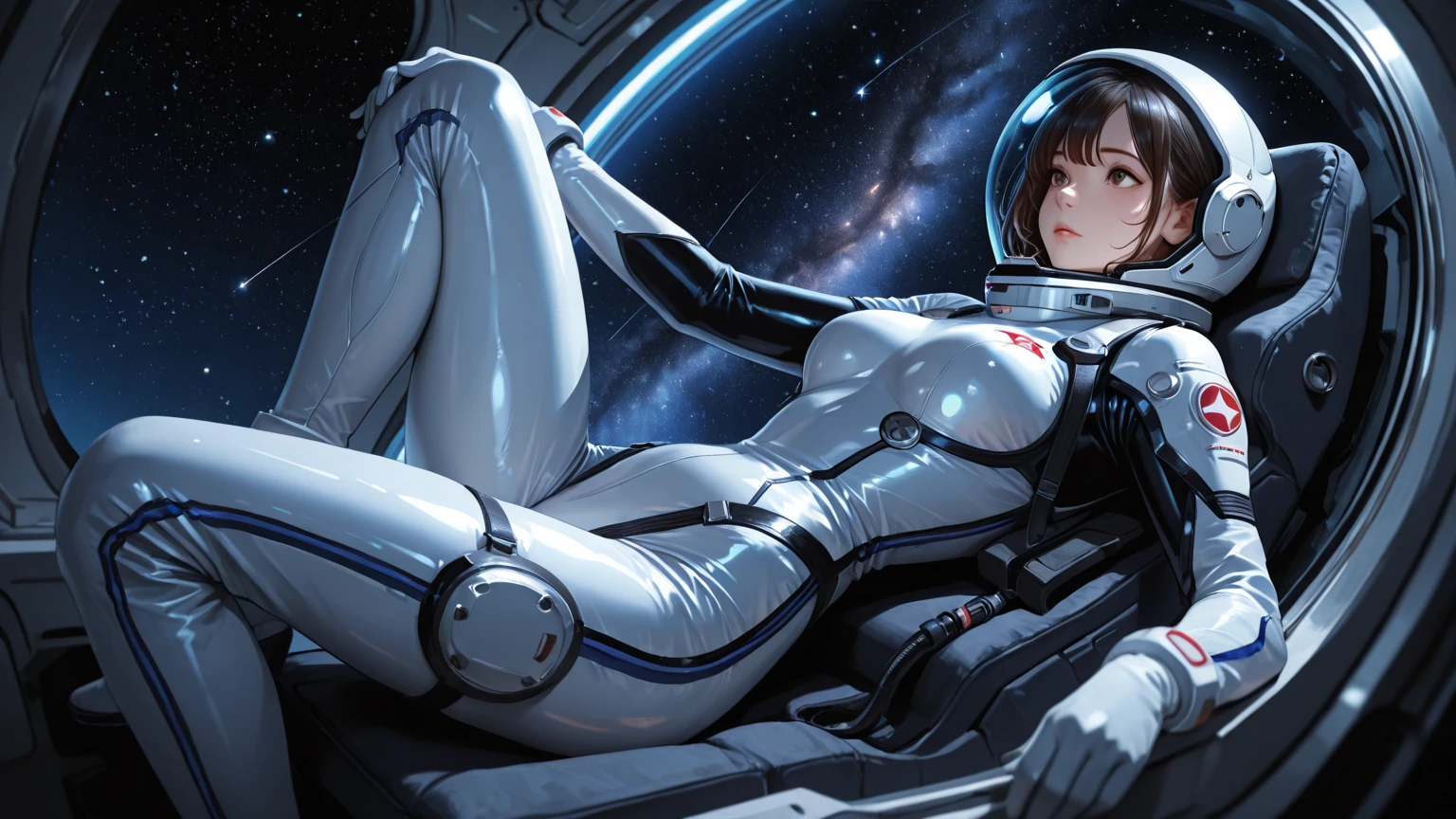 (best quality:1.6), (masterpiece:1.2), (intricate detailed:1.1), highres, delicate, scifi, space, (detailed inside spaceship:1.4), (low lux:1.5), beautiul cute 20 years old korean girl, (tight white latex bodysuit:1.4), braided_bangs, Sleepy_face, all_fours, small head, (large breasts:1.2),